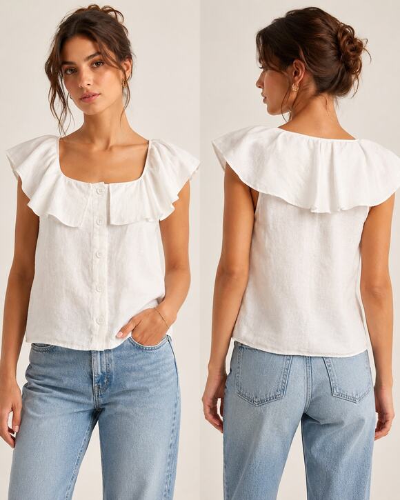 Sea Tops - Sea New York White 100% Linen Cape Collar Ruffle Button Front Blouse Size 4